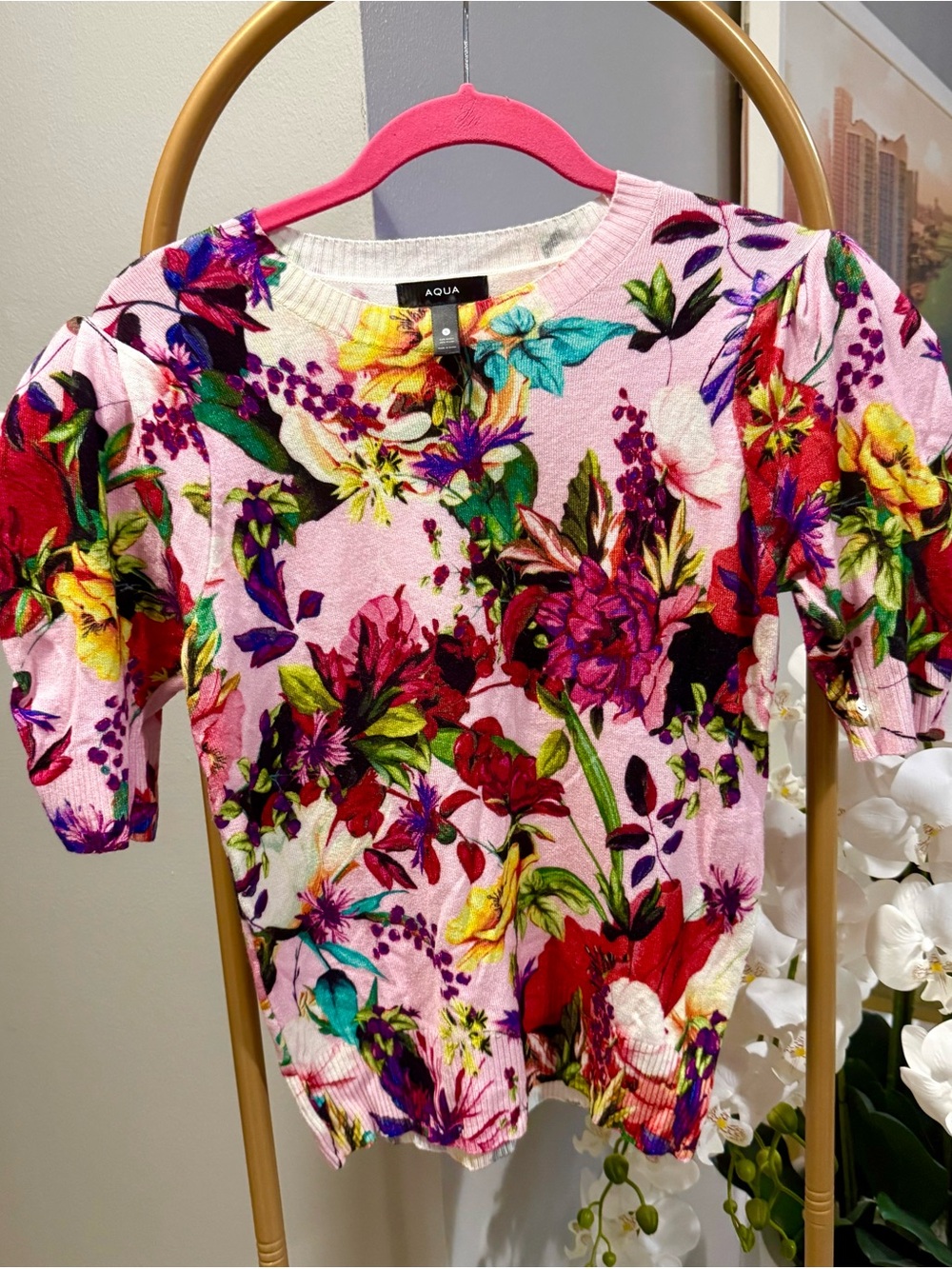 Aqua Multicolor Pink Floral Top with Padded shoulders size small